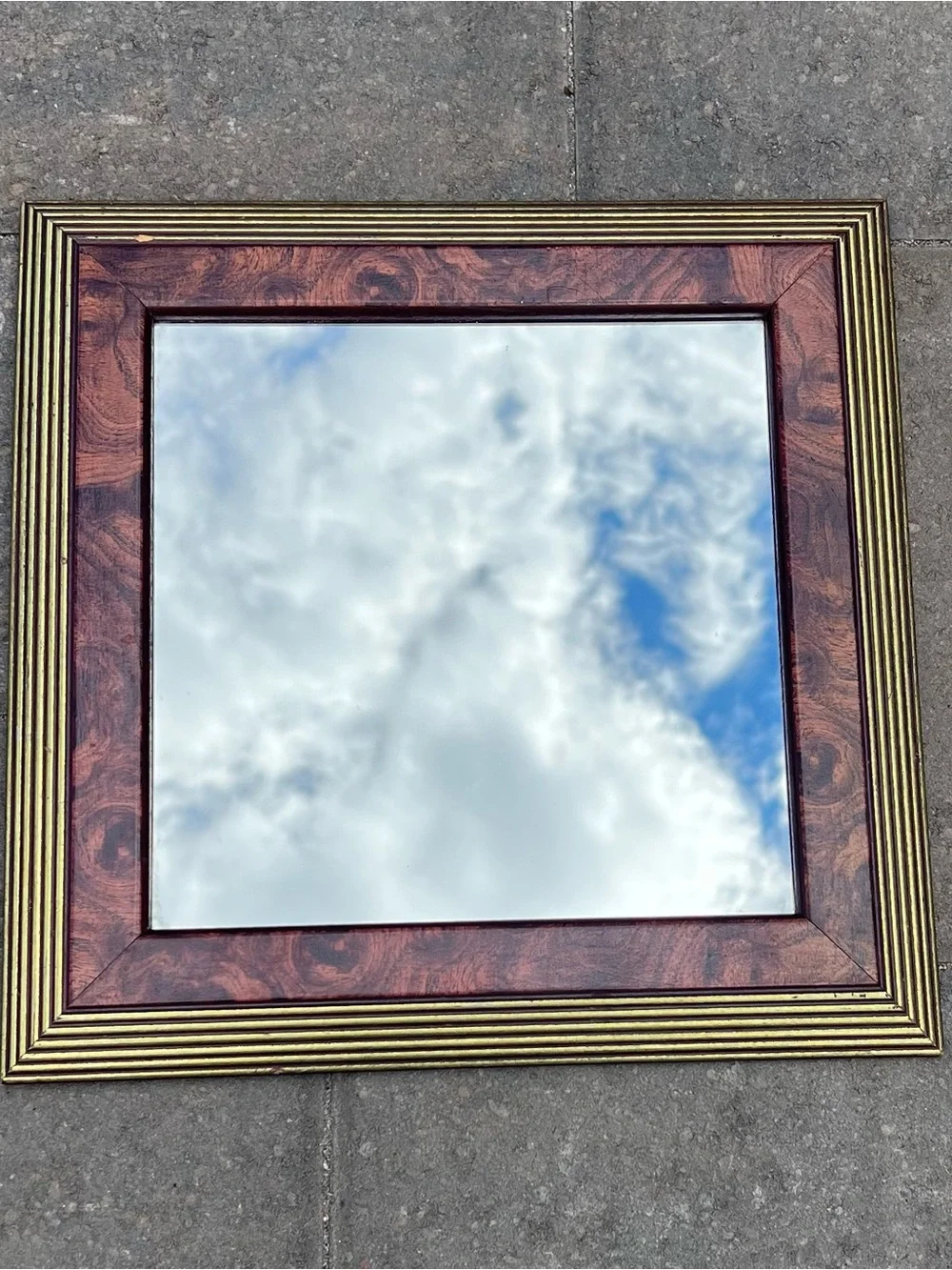 Vintage Faux Burl Wood Gold Reeded Square Mirror Hollywood Regency Vanity